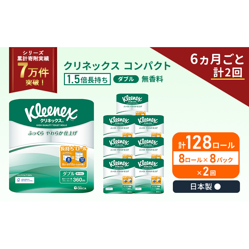 定期便 トイレットペーパー ダブル クリネックス コンパクト 1.5 倍巻き 1ケース ( 8ロール入 × 8パック ) 無香料 《 6ヶ月ごと 計  2回 》