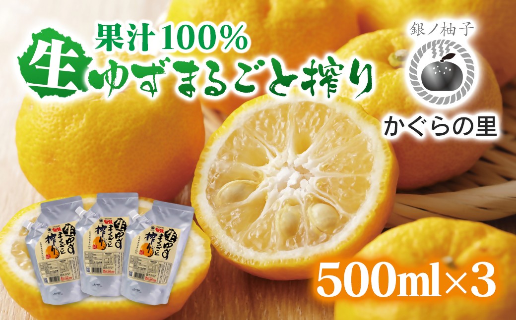 
                  「銀の柚子」生ゆずまるごと搾りセット 500ml×3 生ゆず果汁100％ 国産  無添加  無塩 ゆず ユズ ゆず酢 柚子酢 お魚やお肉にも 万能 調味料『かぐらの里』＜2.4-5＞4-6a　
                