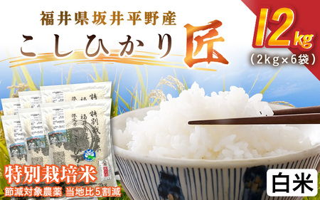 令和7年産 特別栽培米 コシヒカリ匠 12kg（2kg×6袋） 節減対象農薬当地比5割減【白米】お米 コシヒカリ [E-2920_01]