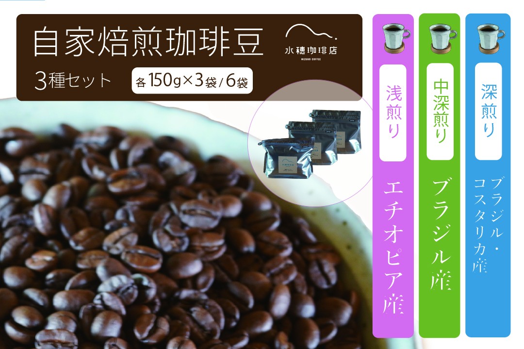 
            「水穂珈琲店」の自家焙煎コーヒー豆 3種のセット「深煎りブレンド」「エチオピア（浅煎り）」「ブラジル（中深煎り）」各150g×3袋/6袋【長野県信濃町ふるさと納税】
          
