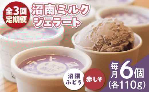 【全3回定期便】アイス 沼南ミルクジェラート 沼隈ぶどう＆赤しそ 各3個 食べ比べセット ぶどう 赤しそ ジェラート セット アイスクリーム デザート スイーツ ご当地 ニューベリーA フルーツ ゆかり グルメ お取り寄せ お土産 食べ比べ 冷凍 贈答 贈り物 濃厚 さっぱり ミルク 新鮮 果物 特産品 美味しい おいしい 贅沢 カップアイス 定期便 広島県福山市/甚ごろう [BAEC046]