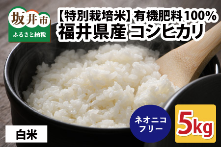 【先行予約】【令和7年産・新米】【特別栽培米】福井県産 コシヒカリ 5kg ～化学肥料にたよらない 有機肥料100%～ ネオニコフリー（白米）【2025年10月上旬以降順次発送予定】 [A-13403_01]