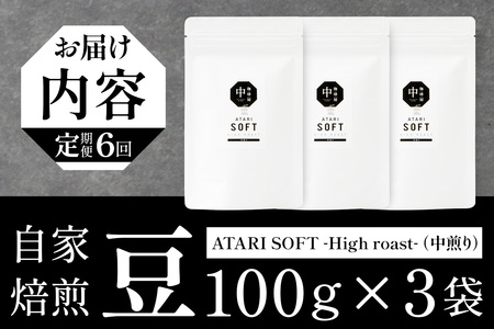 【定期便6回】【豆タイプ】珈琲屋 中-ATARI- SOFT (中煎り) -High roast- 100g×3袋×6回【徳島県 那賀町 自家焙煎 コーヒー 珈琲 ブレンド コーヒー豆 珈琲豆 豆 ス