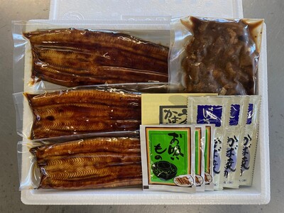a20-445　うなぎ120ｇ長蒲焼×3、肝蒲焼100ｇ×1、たれ（山椒）、吸物セット