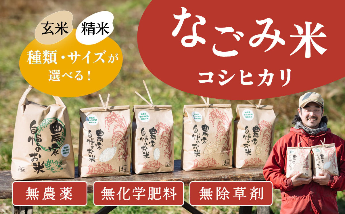 
            【種類・容量が選べる！】茨城県下妻市産 なごみ米（コシヒカリ）〔精米/玄米〕〔2kg~5kg〕 【お米 コシヒカリ 米 無農薬 無化学肥料 無除草剤 精米 自然 農法 茨城県産】
          