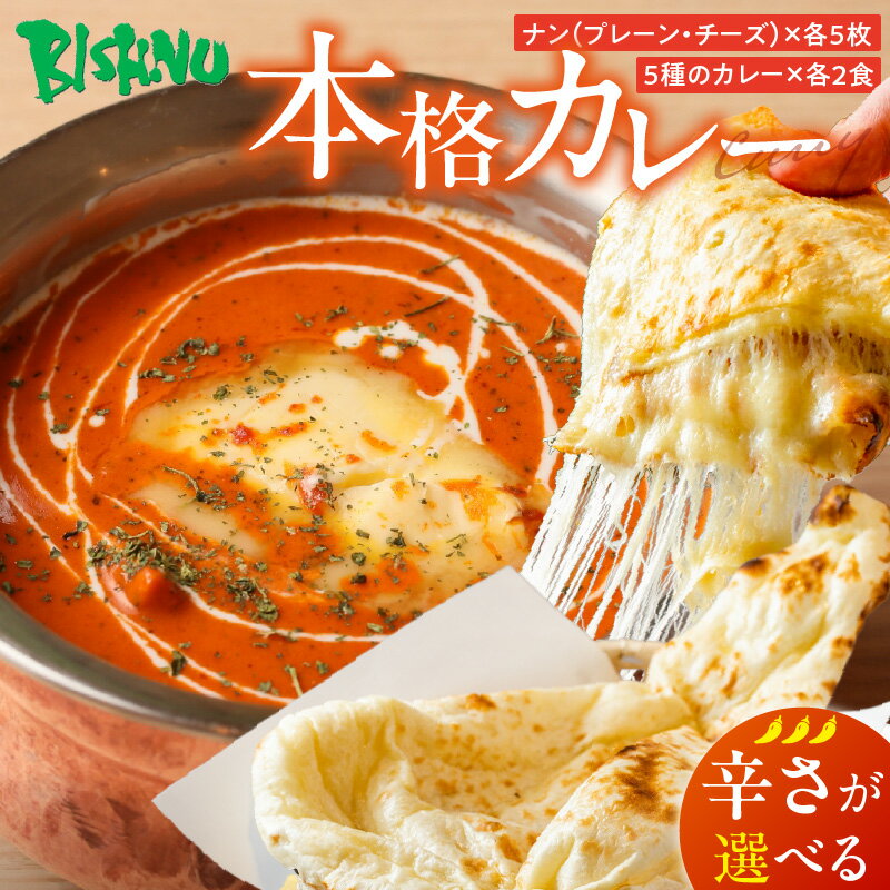 【ふるさと納税】ビスヌ 本格カレー 10食 プレーンナン チーズナン 各 5枚 選べる 辛さ マイルド 中辛 辛口 バターチキン 豆 海老 チキン キーマ インドカレー ナン チーズ スパイス こだわり インド 直輸入 Aランク できたて 冷凍 真空パック 福岡県 久留米市 送料無料