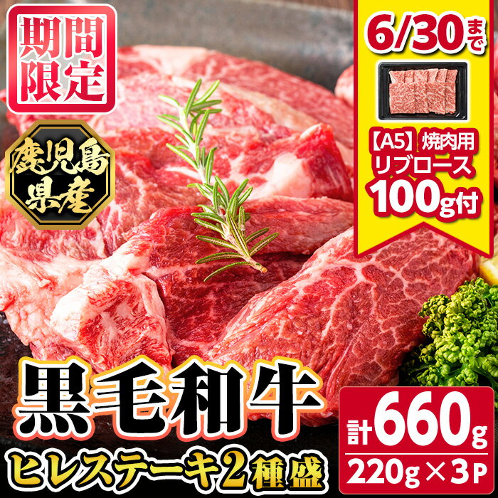 【ふるさと納税】《期間・数量限定！》鹿児島県産黒毛和牛ヒレステーキ2種盛り(計660g・220g×3パック)≪A5等級鹿児島県産黒毛和牛リブロース焼肉100g付≫ 鹿児島 国産 黒牛 牛肉 九州産 霜降り 赤身 フィレ ステーキ サイコロステーキ ヒレステーキ 【カミチク】