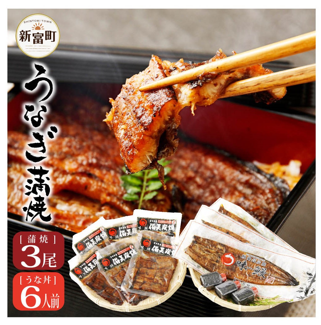新仔!!味鰻うなぎ蒲焼3尾（無頭）・鰻丼の素6袋セット（きざみ）本格手焼備長炭蒲焼 化粧箱入【E164-2311-60】
