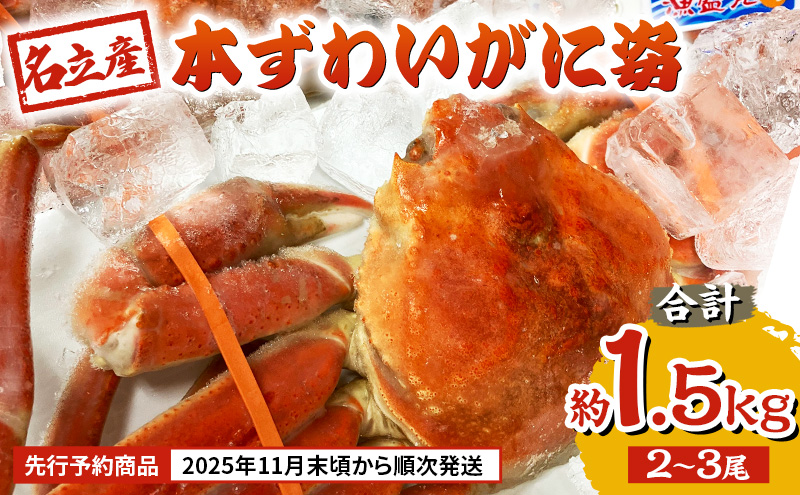 名立産　本ずわいがに姿　2～3尾　合計約1.5kg　新潟 上越 