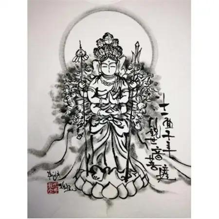手描きTシャツ 仏画 十一面千手観音 白 (半袖 Mサイズ)【1615158】