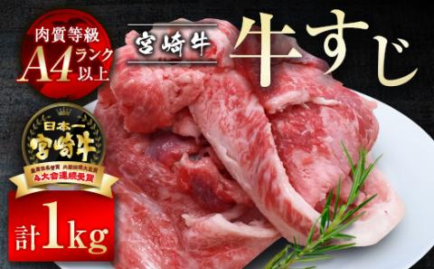 【宮崎牛】牛すじ １ｋｇ（500ｇ×2パック）Ａ４等級以上 内閣総理大臣賞4連続受賞 W＜1.2-49＞宮崎県 西都市 牛肉