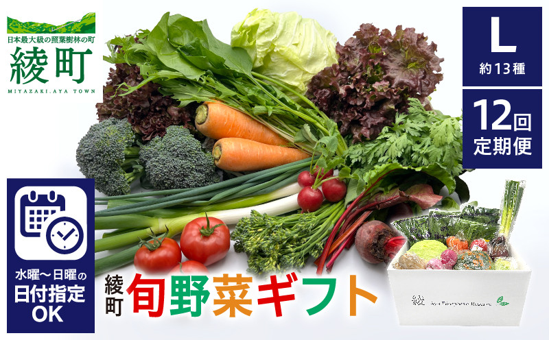 
            【12回定期便】綾町旬野菜ギフト〈 Lサイズ/約13種 〉4人以上分 産地直送 野菜セット 詰め合わせ 新鮮 有機栽培 旬 採れたて 野菜定期便 野菜 人参 トマト じゃがいも 玉ねぎ きゅうり さつまいも 芋 ねぎ 小松菜 大根 ほうれん草 キャベツ キノコ等 送料無料 【オーガニックのまち 宮崎県綾町】
          