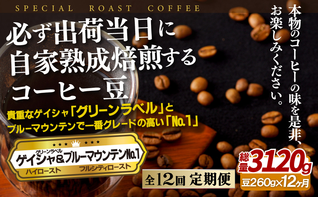 
E286z 【12回定期便】必ず出荷日に自家熟成焙煎ゲイシャ豆(160g)･ブルーマウンテン№.1豆(100g)
