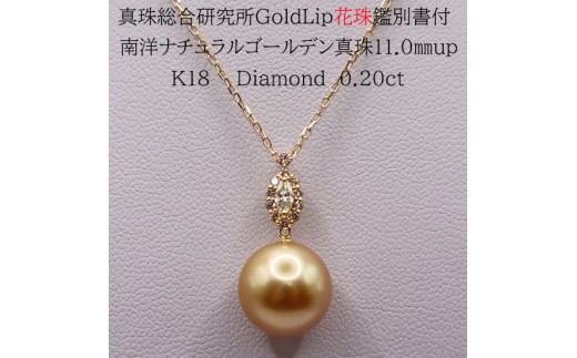 1955 【真珠総合研究所GoldLip花珠鑑別書付】K18　南洋ナチュラルゴールデン真珠11.0㎜up　ダイヤモンド0.20ct 　ペンダントネックレス