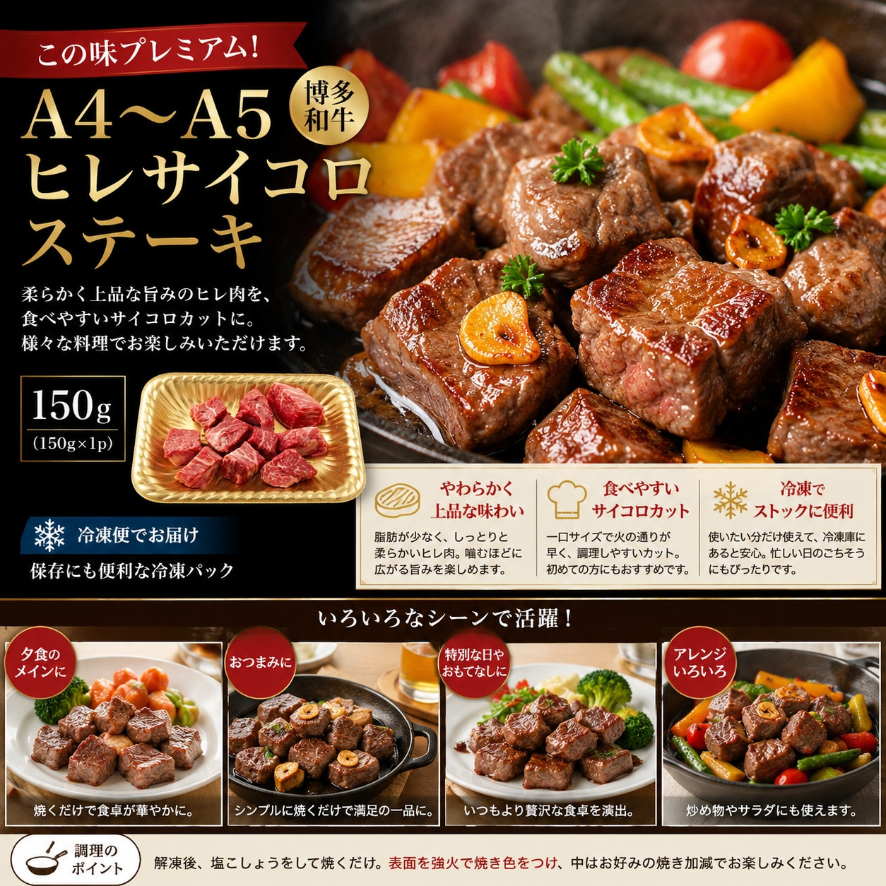 この味プレミアム！【A4～A5】博多和牛ヒレサイコロステーキ　600g（150g×4p） | 牛肉 ブランド牛 国産 和牛 サイコロステーキ ヒレ 福岡 博多 CP064d 600g（150g×4p）
