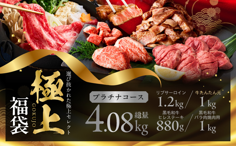 極上福袋 プラチナコース 5種 4kg以上【牛肉 ステーキ 牛タン 焼肉 しゃぶしゃぶ すき焼き 氷温熟成×極味付け】