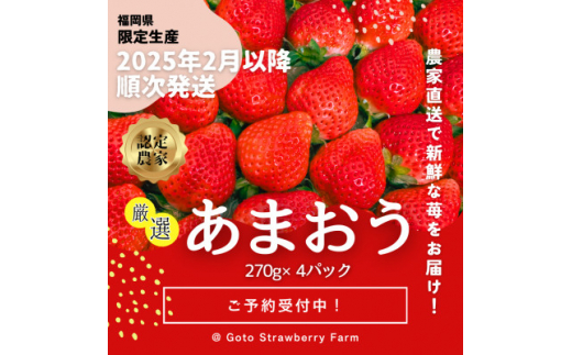 ＜先行予約/2025年＞福岡県産あまおう 約270g×4パック《2025年2月以降順次発送》_ いちご 苺 イチゴ フルーツ 果物 くだもの ふるーつ 青果 あまおう 旬 人気 産直 農家直送 国産 希少 品種 ギフト 贈答 プレゼント 【1460845】