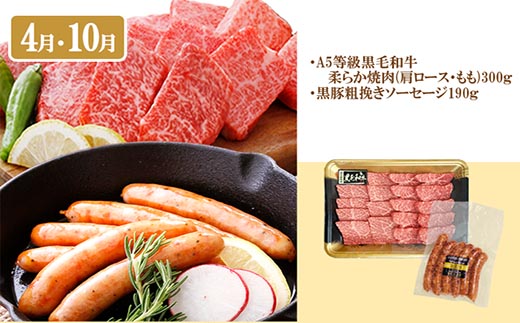 定期便(6回)A5・A4等級黒毛和牛・黒豚etc FF-0061【1166779】 _ ふるさと納税 定期便 牛肉 豚肉 和牛 サーロイン ステーキ 黒豚 ホルモン しゃぶしゃぶ 焼肉 すき焼き もつ