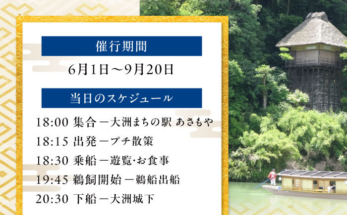 【令和7年6月2日〜9月20日】日本三大鵜飼 大洲のうかい 乗合船 ペア招待券（食事なし） 大洲市観光協会/愛媛県大洲市 鵜飼 観光 体験チケット 体験 イベント [AGDJ007]