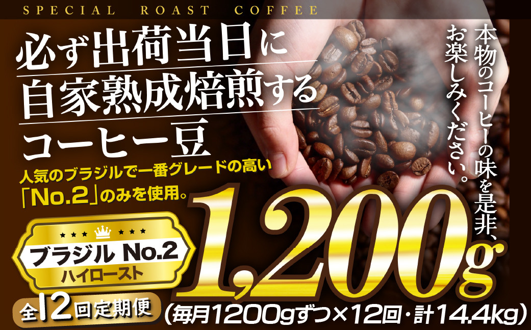 
            E431z 【12回定期便】必ず出荷日に自家熟成焙煎ブラジルNo.2豆(1,200g)【SASEBO Coffee TOMINAGA】120000円 人気 新鮮 挽きたて 高級コーヒー 本格 大容量
          