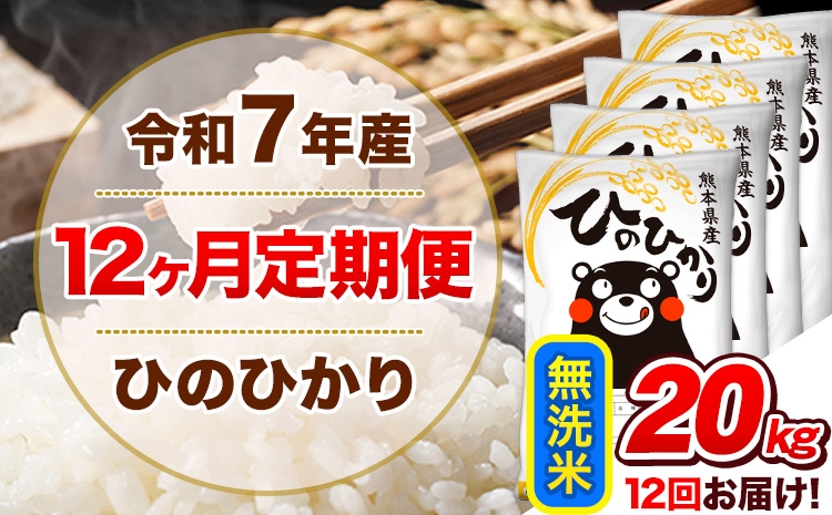 
                   令和7年産 【12ヵ月定期便】 無洗米 ひのひかり 定期便 20kg 5kg×4袋《お申込み翌月から出荷》 熊本県産 精米 ひの 米 こめ ヒノヒカリ コメ お米
                