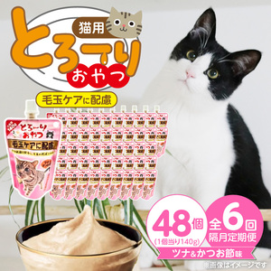 【隔月6回 定期便】とろーりおやつ 猫用（毛玉ケアに配慮 ツナ＆かつお節味）140g×48個 _ 定期便 隔月 全6回 とろーりおやつ 猫用 140g × 48個 × 6回 ツナ＆かつお節味 毛玉ケア 液状タイプ とろりなめらか食感 おやつ 水分補給 低カロリー 体重管理 長期保存 キャップ付き スパウトパウチ 福岡県 久留米市 _Tk099-02