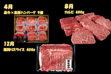 084-16 【全3回】鹿児島黒毛和牛・黒豚堪能焼き肉、スライス、ハンバーグセット定期便