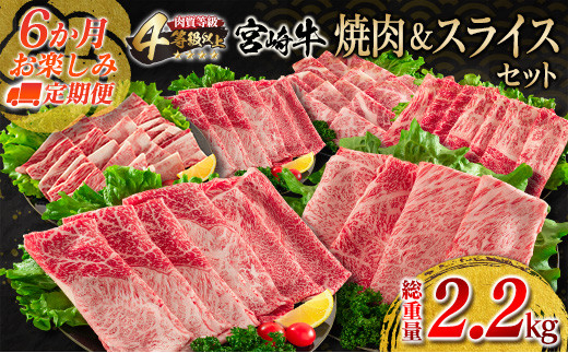 
                  6か月 お楽しみ 定期便 宮崎牛 焼肉 スライス セット 総重量2.2kg 牛肉 ビーフ 黒毛和牛 国産 ブランド牛 すき焼き しゃぶしゃぶ 焼しゃぶ 炒め物 BBQ うで 肩ロース もも ばら ご褒美 お祝い 記念日 4等級以上 お取り寄せ グルメ 宮崎県 日南市 送料無料_KB1-23
                