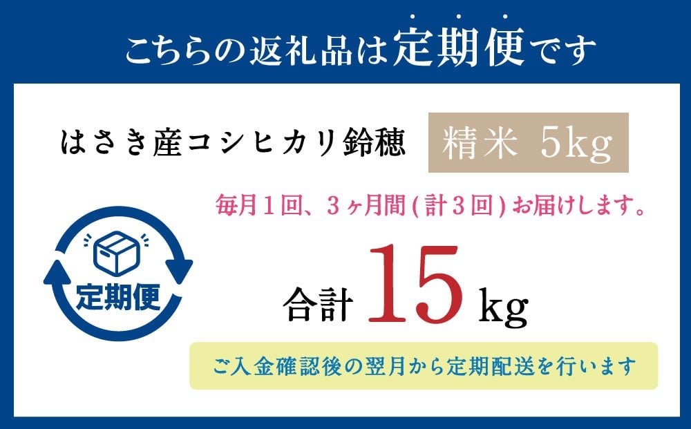 AT-21 【3ヶ月定期便】オリジナル ブランド米！ はさき産 コシヒカリ　鈴穂（ 精米 ）5kg×3回 合計15kg
