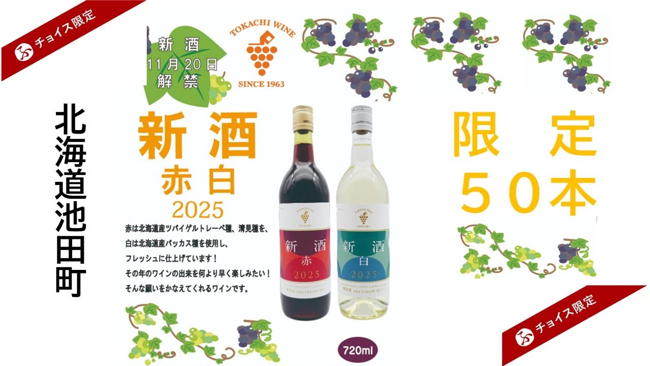 
            十勝ワイン 新酒2025 赤・白 2本セット 北海道ワイン 北海道池田町 11月20日解禁 チョイス限定 数量限定  今年のブドウをいち早く 　 
          