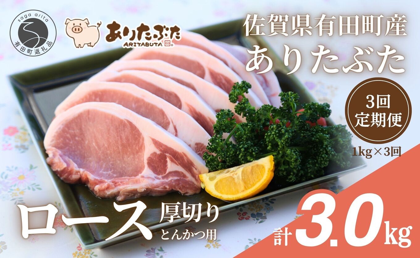 
                  【3回定期便 総計3.0kg！真空個包装で便利】ありたぶた ロース 厚切り とんかつ用 3ヶ月 連続 定期便 1kg（100g×10パック）【有田まちづくり公社】佐賀県産 有田町産 ブランド豚 ありたぶた 豚 ぶた 豚肉 ロース肉 とんかつ トンテキ ステーキ 小分け 全3回 zh015
                