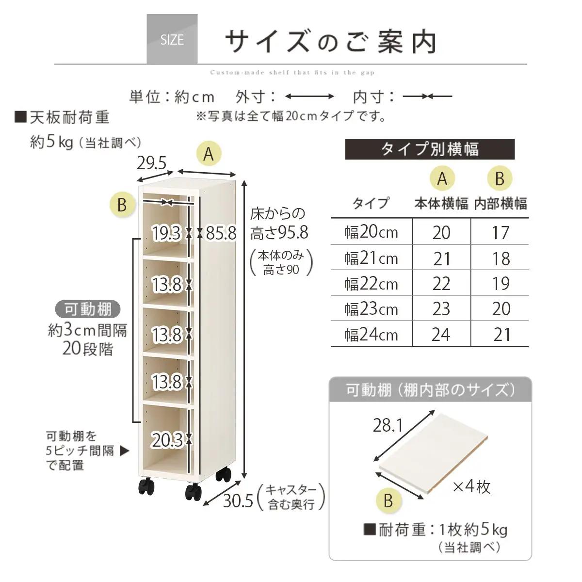 【完成品でお届け】オーダーすき間ラック〔幅21cm・キャスター・ロータイプ〕（ホワイトウッド）隙間収納 キャスター付き キッチン 洗面台 隙間 収納 洗濯機横 隙間収納ラック ラック 薄型 木製 約 