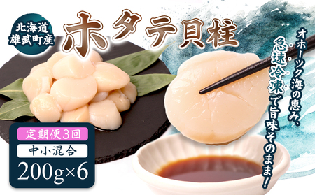 【定期便3回】　北海道雄武町産ほたて貝柱 中小混合 200g×6 (冷凍) 使い切りパック【07142】