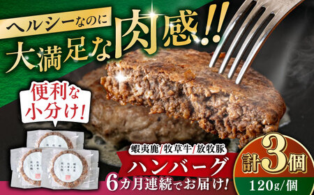 【全6回定期便】 【蝦夷鹿×牧草牛×放牧豚】ハンバーグ 3個   鹿肉 牛肉 豚肉 小分け 冷凍 北海道 [AXBP016]