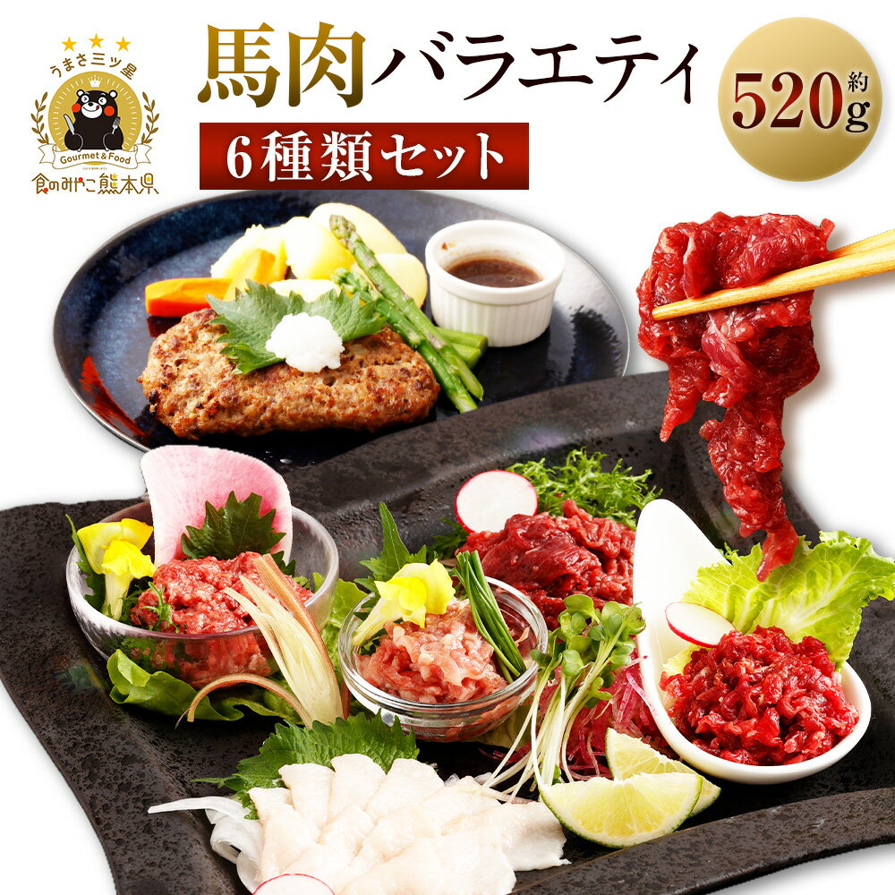 【ふるさと納税】6種 馬肉バラエティ 約520g（赤身切り落とし・コウネ・フタエゴダイス・線切り（ユッケ）・桜うまトロ・馬肉ハンバーグ・タレ・おろしポン酢・ユッケのタレ・万能和風ソース） 馬刺し 馬刺 食べ比べ 真空パック 冷凍 送料無料