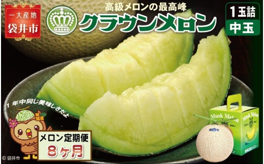 
                  【8ヶ月定期便】クラウンメロン（白等級）中玉　1玉入 　果物 フルーツ デザート メロン マスクメロン 青肉 高級 ギフト 贈り物 静岡県産 袋井市
                