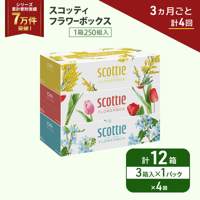 【ふるさと納税】 定期便 ティッシュ 3箱 (3ヶ月ごと計4回) スコッティ フラワーボックス 日本製 長持ち 日用品 生活用品 必需品 消耗品 便利 楽 コンパクト 防災 備蓄 備え 安心 送料無料 累計寄附実績7万9千件超 宮城県 岩沼市