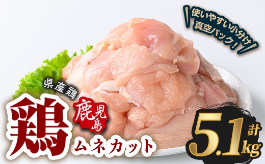 鹿児島県産若鶏ムネカット(計5.1kg・300g×17P)  鶏肉 国産 鹿児島産 小分け  【Rana】A1128