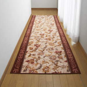 日本製 廊下カーペット 65cm×120cm 【オリエンタル更紗】 滑り止め加工 (エンジ)【1273276】
