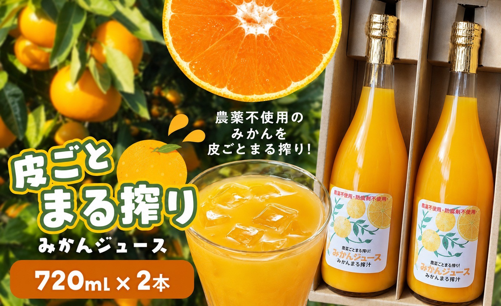 
                  皮ごとまる搾り みかん ジュース 720ml×2本 | 果物 くだもの フルーツ 柑橘 柑橘類 みかん ジュース 皮ごと 丸ごと 熊本県 玉名市 有機栽 培無農薬 100％
                
