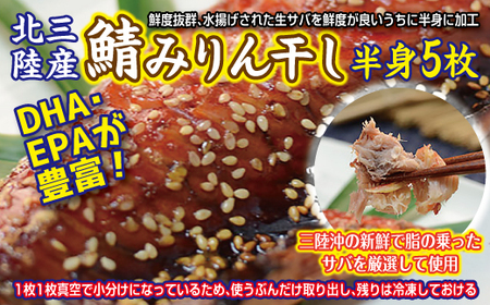 北三陸産 さばみりん干し 半身５枚（真空パック入り）サバ 鯖 切身 フィレ 魚 焼き魚 おかず 小分け
