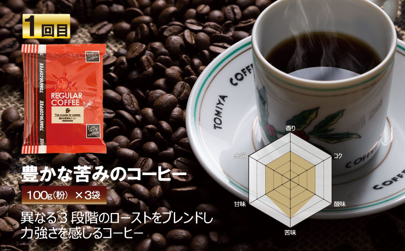 【 5ヶ月定期便 】 定期便 ！ おいしい コーヒー を飲もう 各月 100 g × 3 袋 ( 粉 ) を お届け 計 1.5 kg コーヒー ポスト投函 トミヤコーヒー 自家 焙煎 静岡県 沼津市