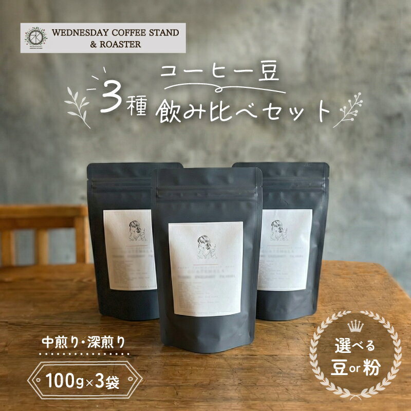 【ふるさと納税】 コーヒー豆 3種類 飲み比べ セット 100g×3種 《豆or粉選べる》 自家焙煎 焙煎 深煎り 中煎り 珈琲 コーヒー 珈琲豆 挽き豆 ブレンド 店主のおすすめ 贈答用 ご褒美 プレゼント 贈り物 ギフト おしゃれ カフェ Wednesday Coffee stand 静岡県 三島市