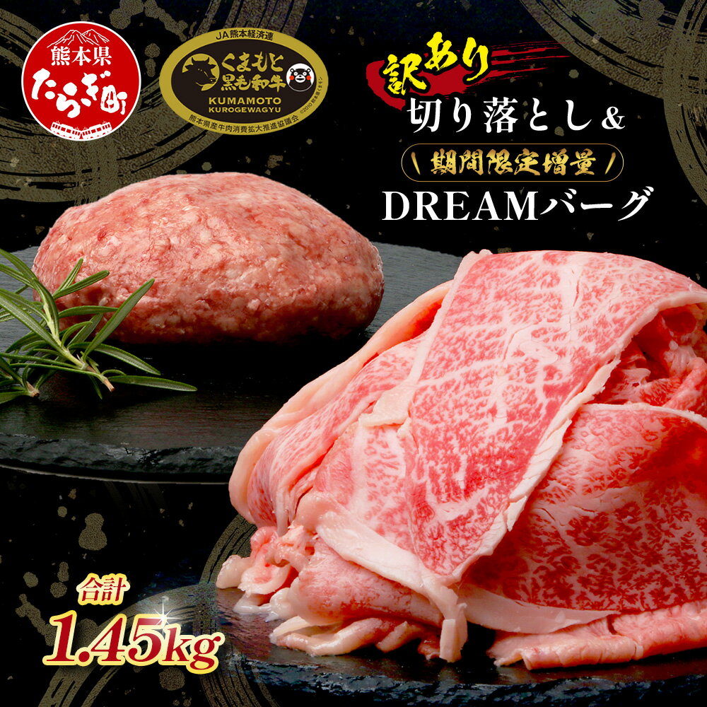 【ふるさと納税】《5～9月発送 限定》増量 くまもと黒毛和牛 切り落とし 1kg + DREAMバーグ 150g×3個 合計1450g ブランド牛 切り落とし 1キロ + 牛肉 100％ 国産 生 ハンバーグ 熊本 ブランド牛 黒毛 和牛 上質 和牛 霜降り お得 限定品 惣菜 冷凍 熊本県