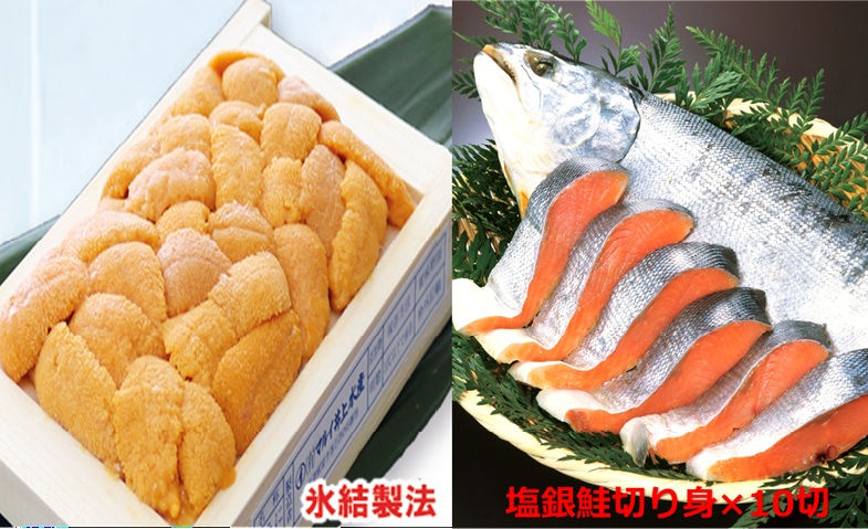 冷凍エゾバフンウニ約60～70g×1折(赤系)・塩銀鮭切り身×3切(個包装)[11月上旬以降発送] A-71059