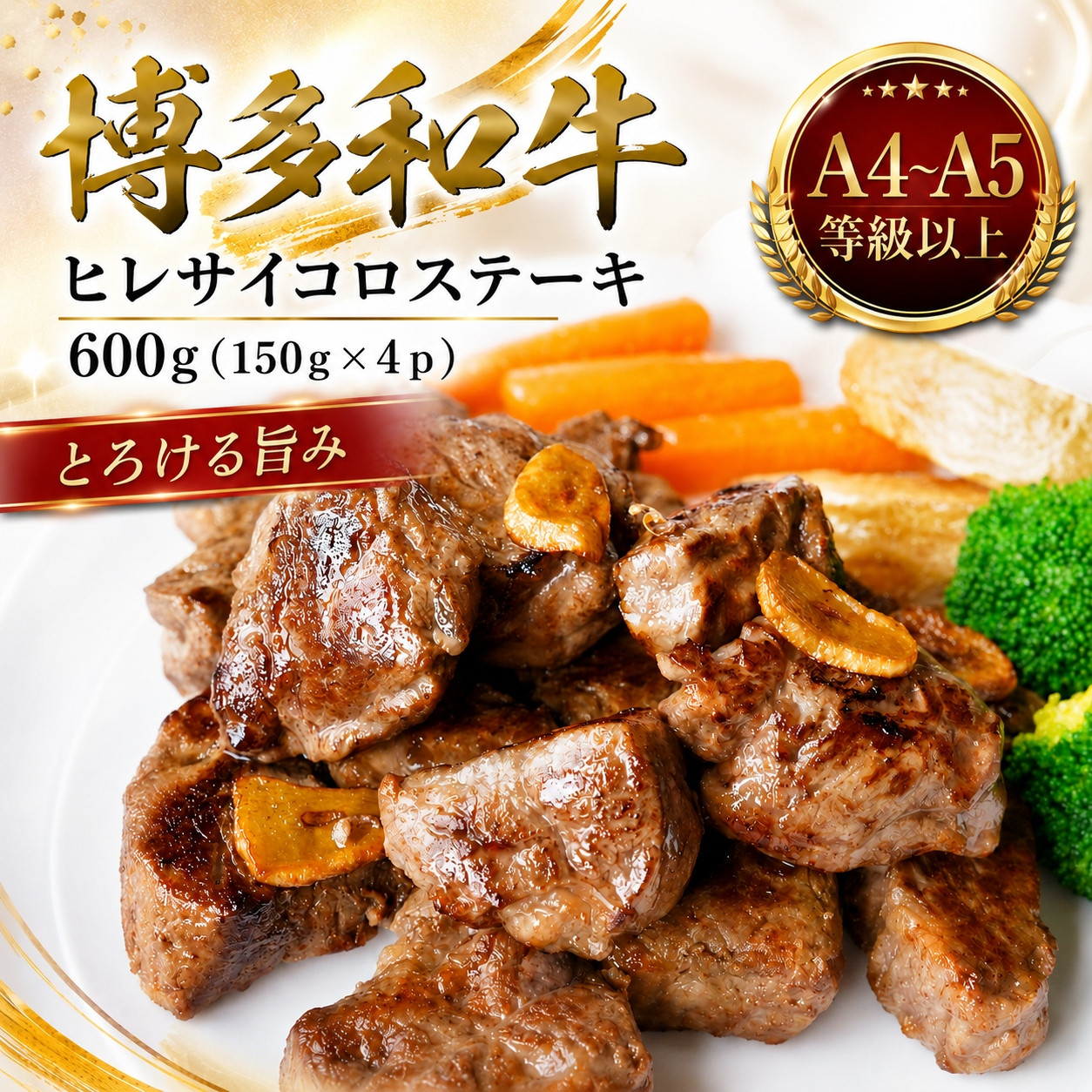 この味プレミアム！【A4～A5】博多和牛ヒレサイコロステーキ　600g（150g×4p） | 牛肉 ブランド牛 国産 和牛 サイコロステーキ ヒレ 福岡 博多 CP064d 600g（150g×4p）