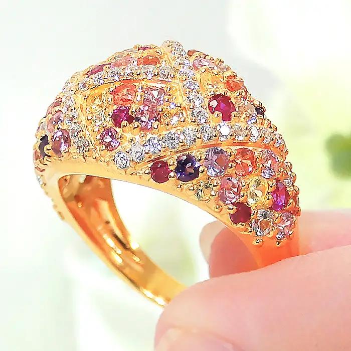 指輪 リング K18YG イエローゴールド ダイヤモンド 0.3ct パヴェ マルチカラー 赤系 レディース ゴージャス ボリューム 幅広 18金 贅沢 Pave ステンドグラス ジュエリー 【f29