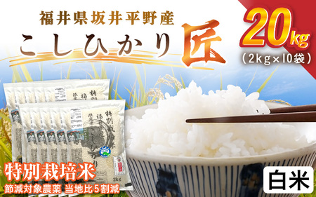 令和7年産 特別栽培米 コシヒカリ匠 20kg（2kg×10袋） 節減対象農薬当地比5割減【白米】お米 コシヒカリ [I-2907_01]