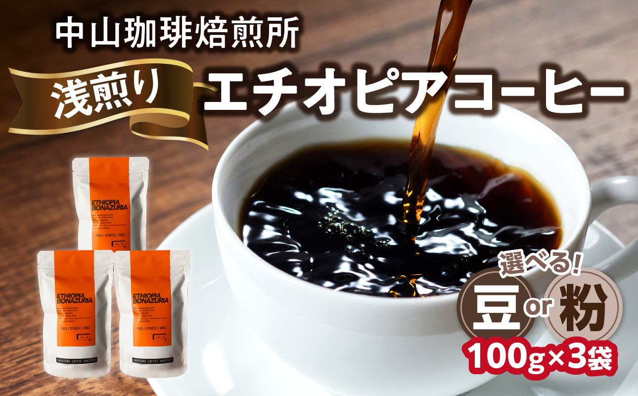 
浅煎り エチオピア【豆/粉】100g×3袋（合計300g） 中山珈琲焙煎所 コーヒー豆 コーヒー 自家焙煎 珈琲 エチオピア コーヒー ロースト 浅煎り 【056-11】
