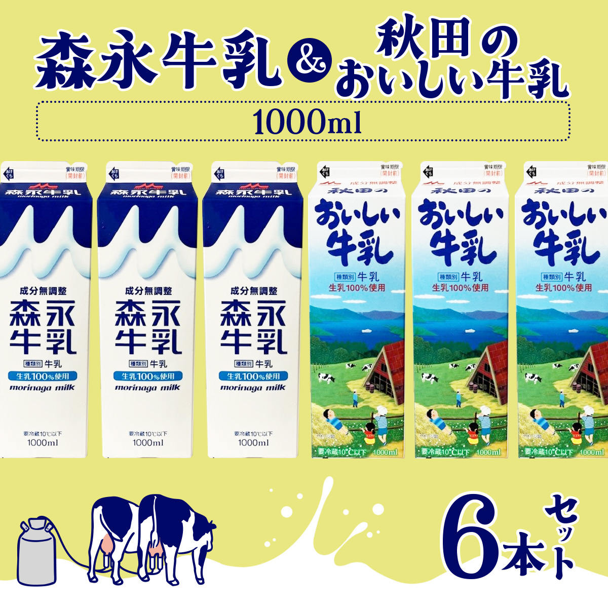 森永1000mlと秋田のおいしい牛乳1000ml 6本セット（各3本） 45P7803